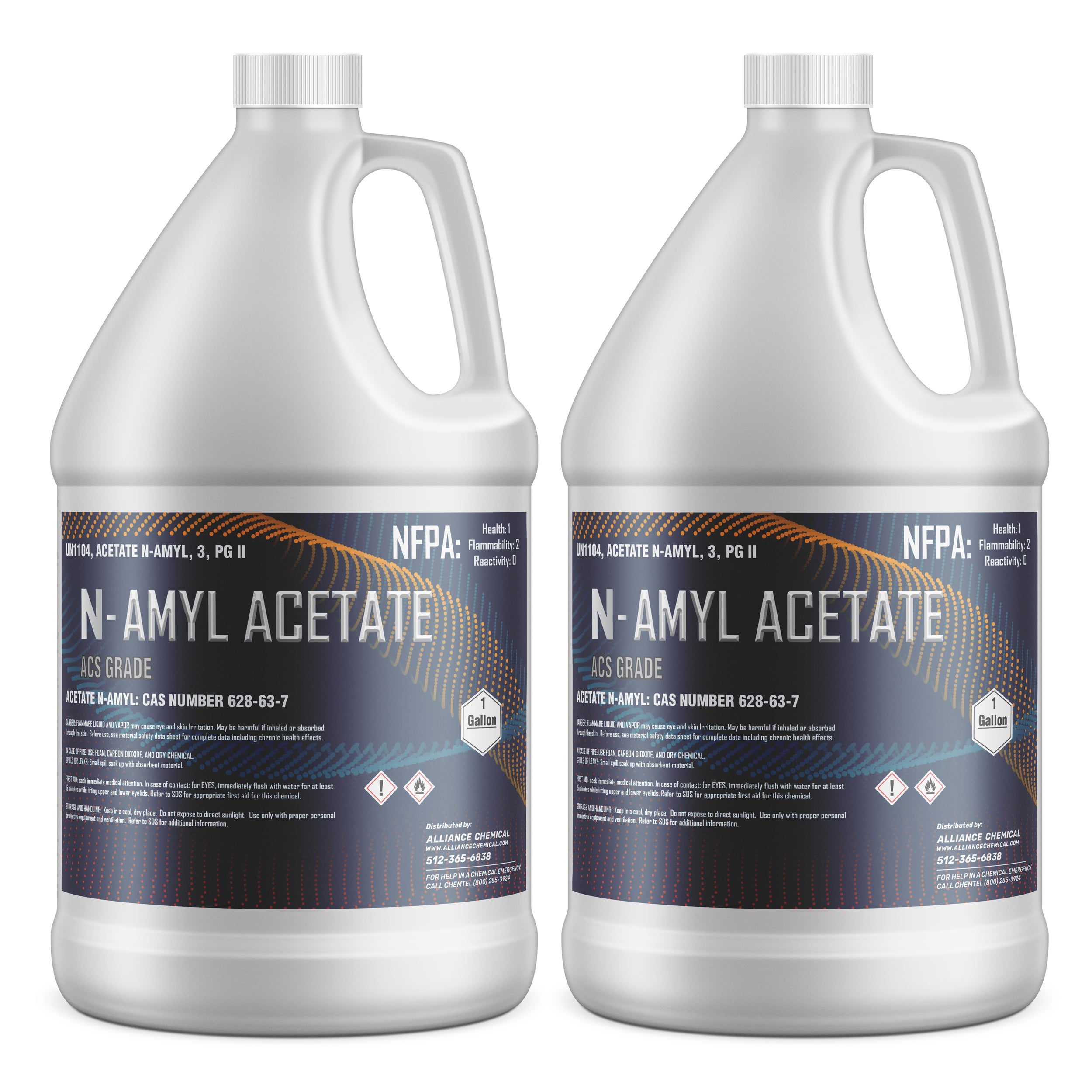 2-gallon N-Amyl Acetate ACS grade chemical in white HDPE jugs with NFPA diamond, UN1104 marking, Health-1/Flammability-2/Reactivity-0 warnings.